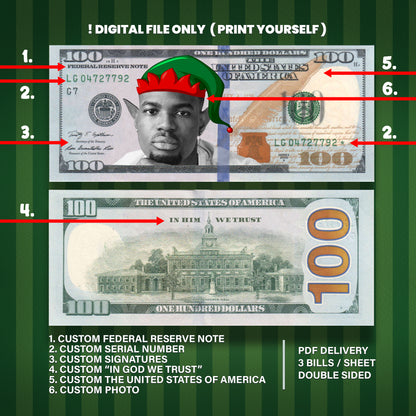 Personalized dollar bill featuring client’s photo with elf hat and ears, ideal for festive events and holiday keepsakes