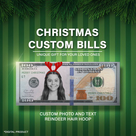 Personalized Christmas dollar bill with Reindeer Antler Headband, perfect for holiday gifts and parties