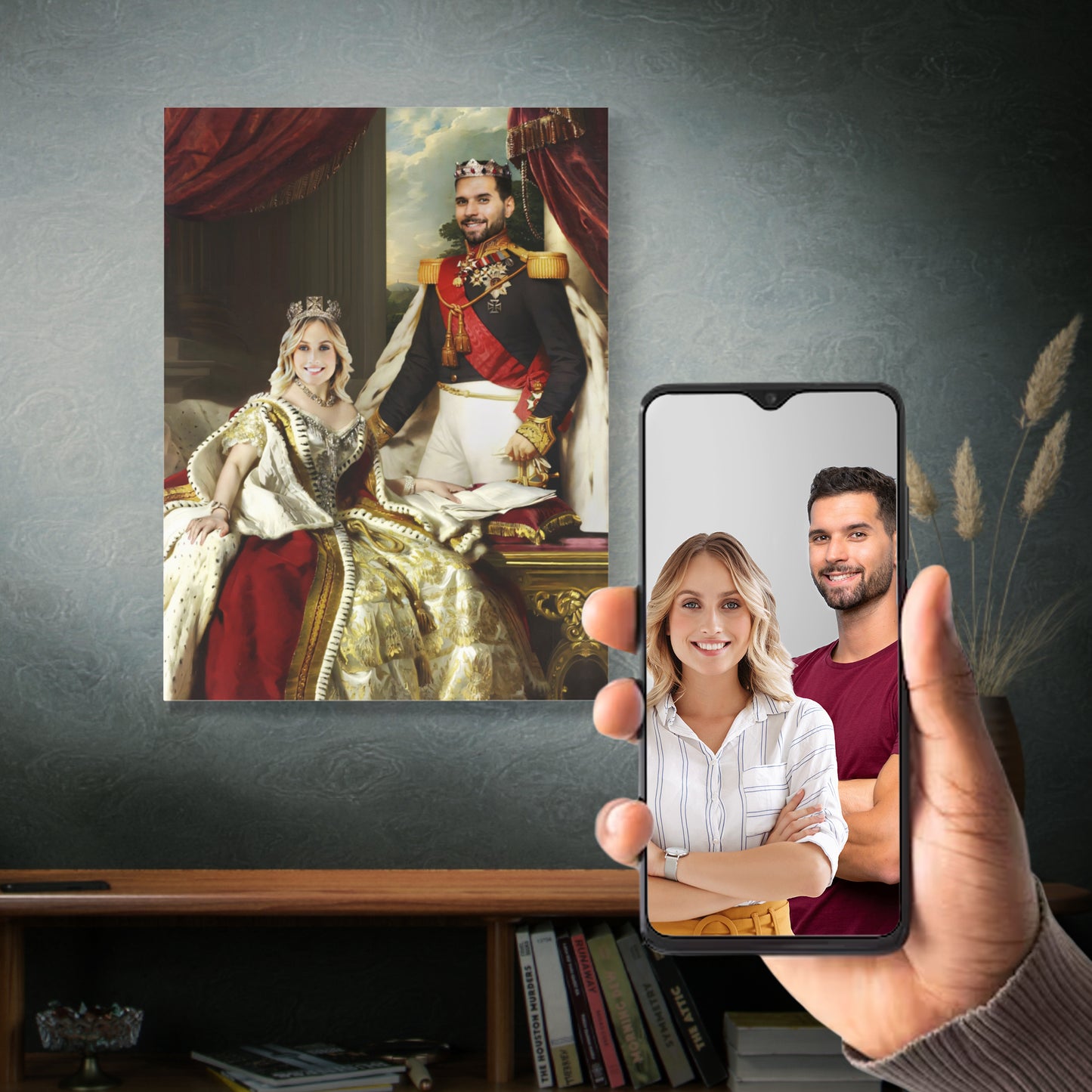 Personalized couple Renaissance portrait with crowns and royal clothing, unique home decor gift