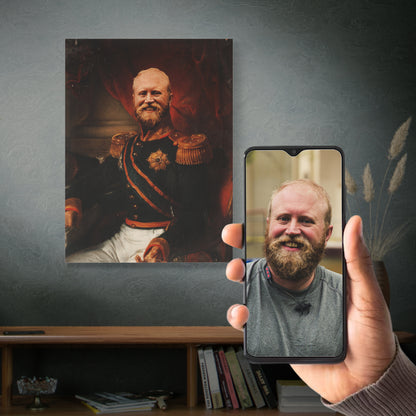 Upload your photo and receive a high-quality Renaissance-style portrait featuring your face as a royal commander. Ideal for special gifts and decor.