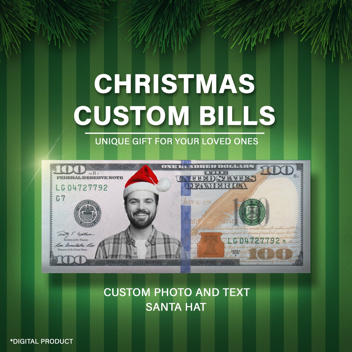 Festive custom dollar bill with Santa Hat, perfect for Christmas parties and unique holiday gifts