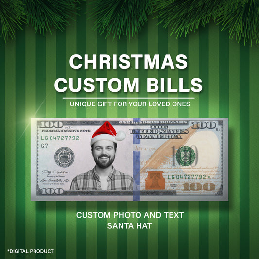 Festive custom dollar bill with Santa Hat, perfect for Christmas parties and unique holiday gifts