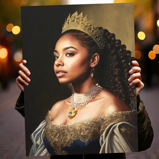 Custom Renaissance portrait of a woman as a regal queen with crown and royal gown