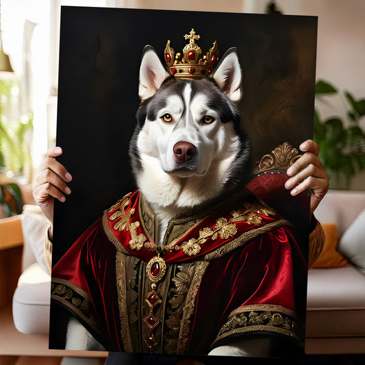 Custom Renaissance pet portrait featuring a cat, dog, horse, or any pet dressed as a noble, king, or queen. Personalized digital artwork inspired by 16th-century royal paintings, perfect for pet lovers. Turn your furry friend into a historical masterpiece, available as a printable file or canvas print. A unique gift for pet owners, history enthusiasts, and those who love custom pet art decor.