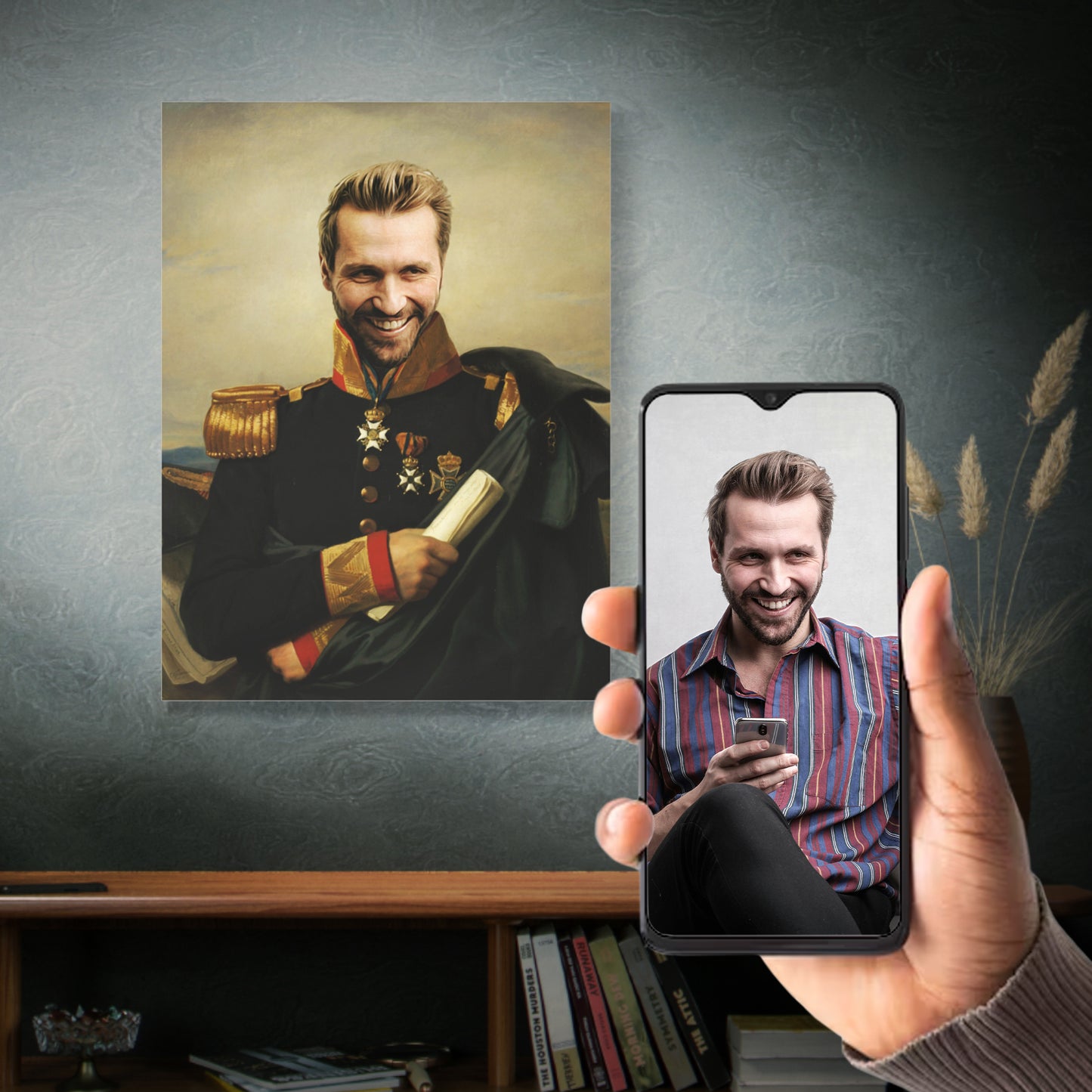 Stand tall in history with a custom military portrait featuring your face. Our Renaissance-style artwork creates the perfect personalized gift or wall art for any occasion.