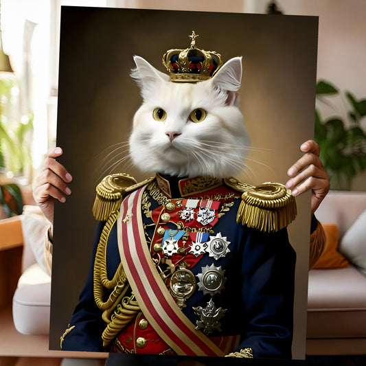Custom Renaissance pet portrait featuring a cat, dog, horse, or any pet dressed as a noble, king, or queen. Personalized digital artwork inspired by 16th-century royal paintings, perfect for pet lovers. Turn your furry friend into a historical masterpiece, available as a printable file or canvas print. A unique gift for pet owners, history enthusiasts, and those who love custom pet art decor.