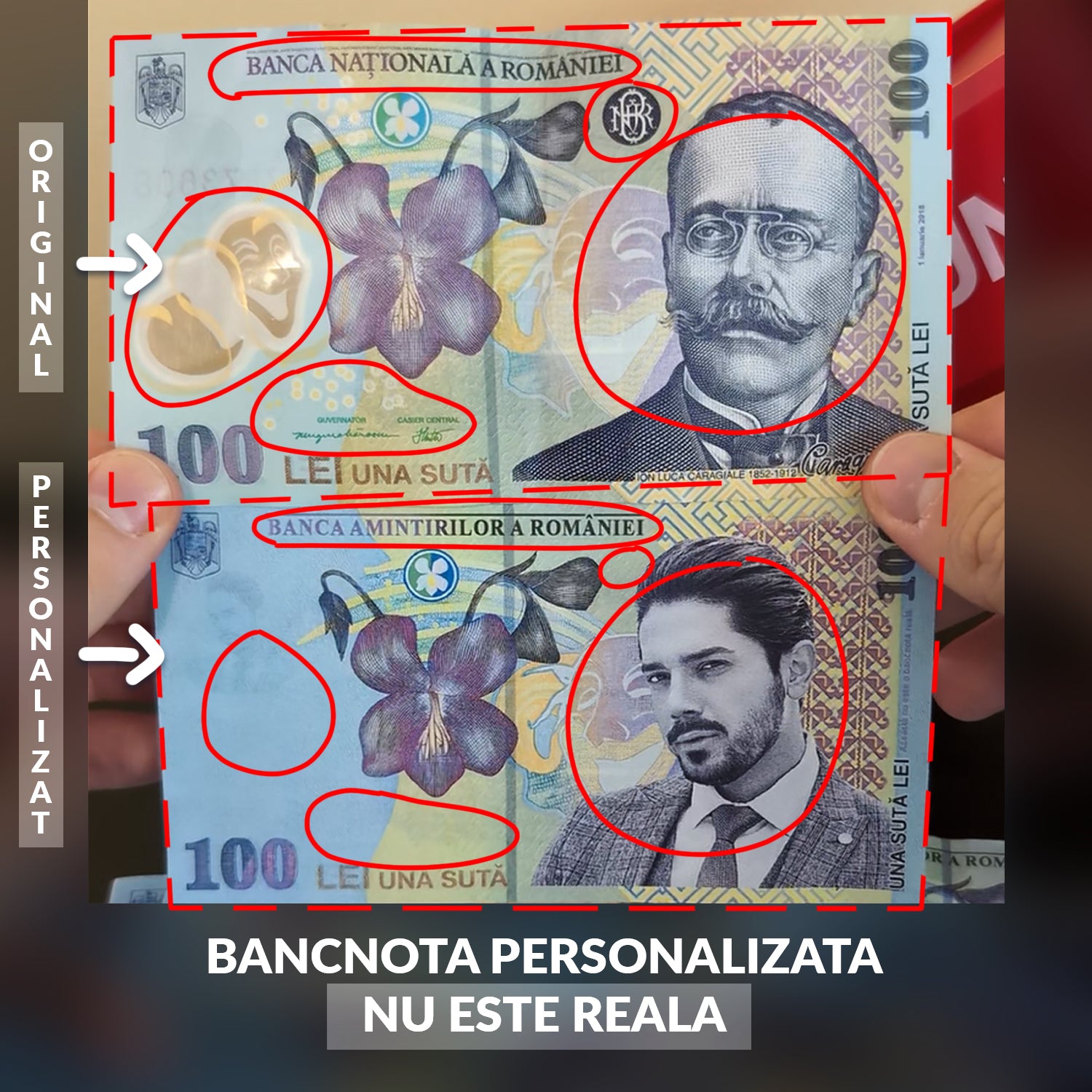 Design creativ pe bancnotă românească 100 lei – imagine cu portret personalizat