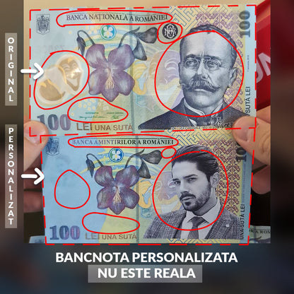 Design creativ pe bancnotă românească 100 lei – imagine cu portret personalizat
