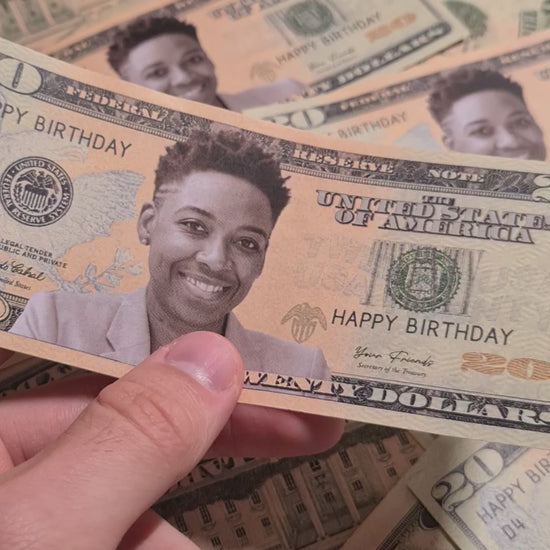 High-quality custom $20 bill featuring a classic design with personalized face and message, perfect for special occasions