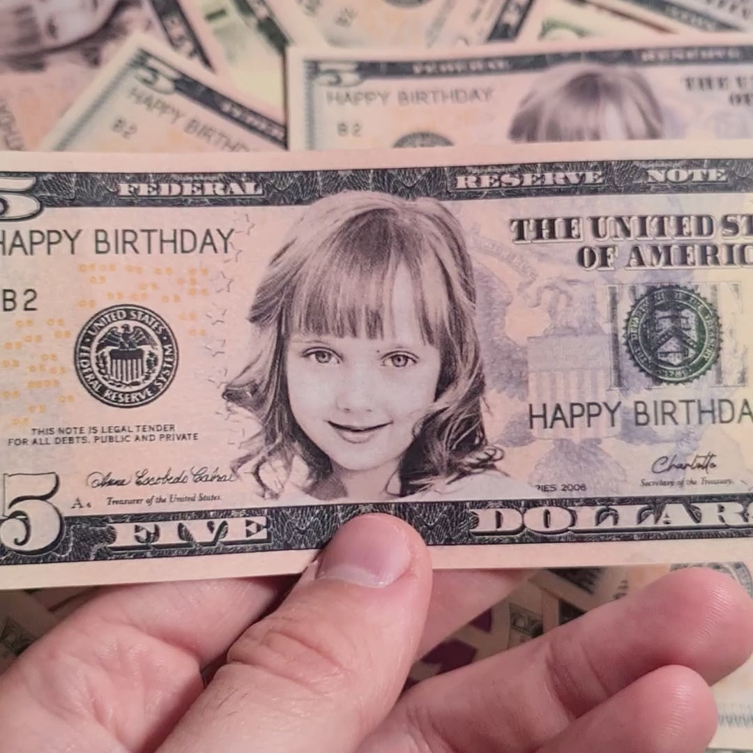 High-quality custom $5 bill featuring a classic design with personalized face and message, perfect for special occasions